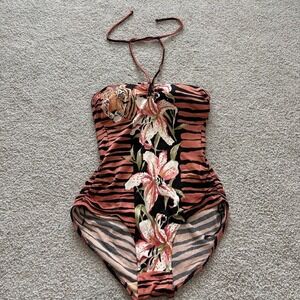 Vintage Sears Swimsuit Womens 10 Tan Tiger Stripe Floral 50s Pinup Animal Print